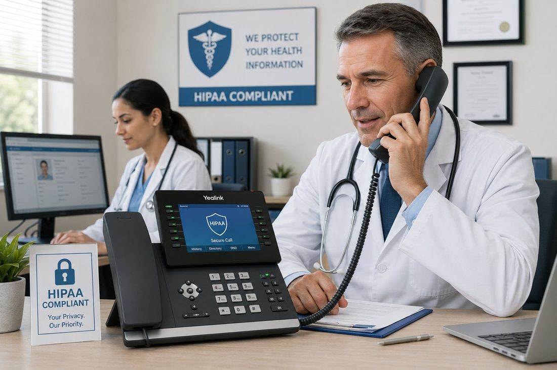 Doctors using a HIPAA-compliant Clara desk phone in a medical office / Médicos usando un teléfono Clara compatible con HIPAA